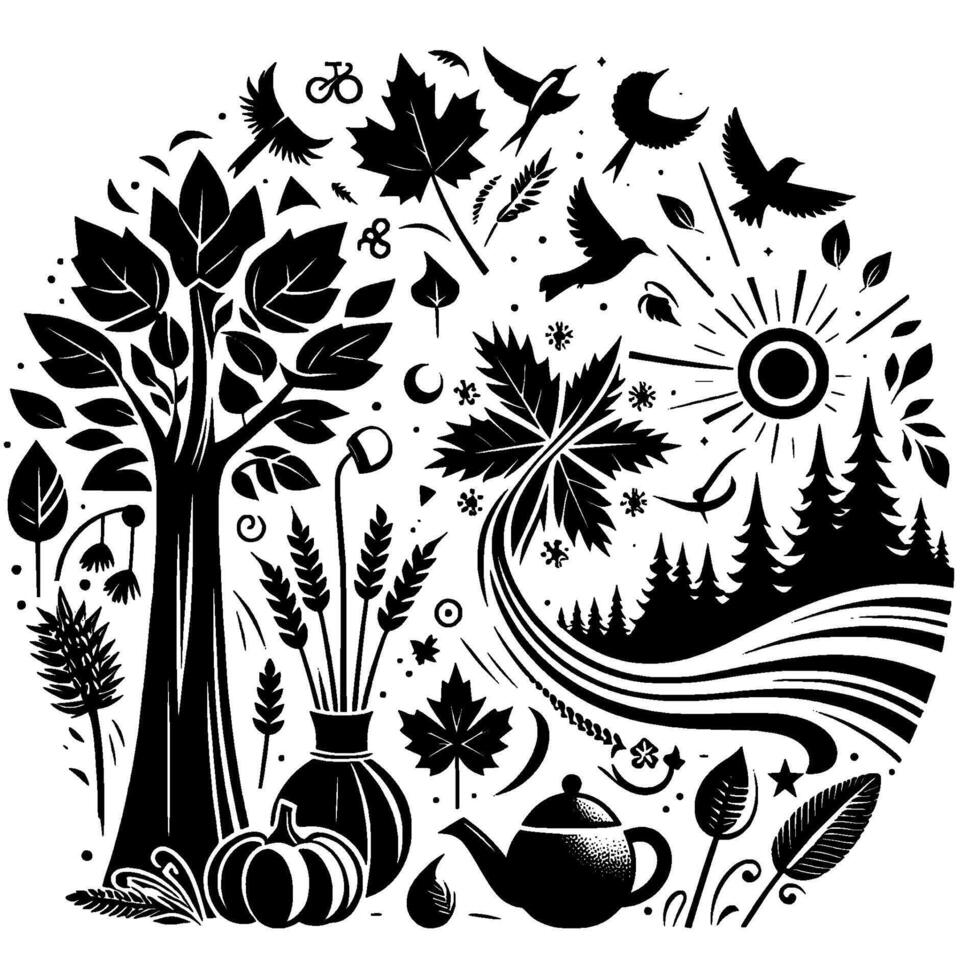 A whimsical black and white circular illustration of autumn, featuring trees, birds, leaves, a sun, and various natural elements arranged. vector