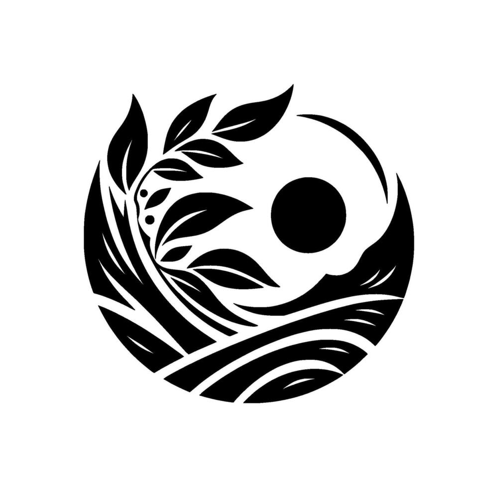A stylized yin yang composition, featuring a sun or moon, foliage, and water elements, rendered in stark black and white, set within a circular frame. vector