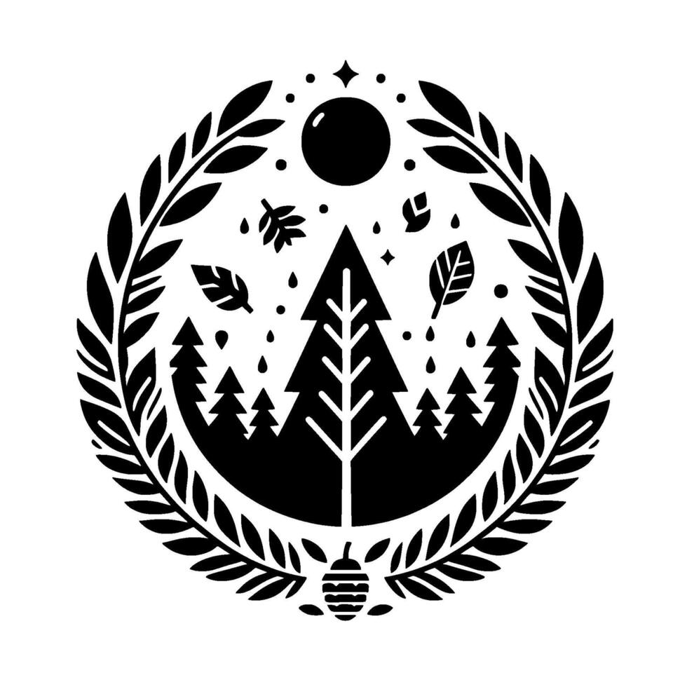 A minimalist black and white emblem featuring a stylized forest landscape encircled by a laurel wreath, adorned with celestial elements and autumnal motifs. vector