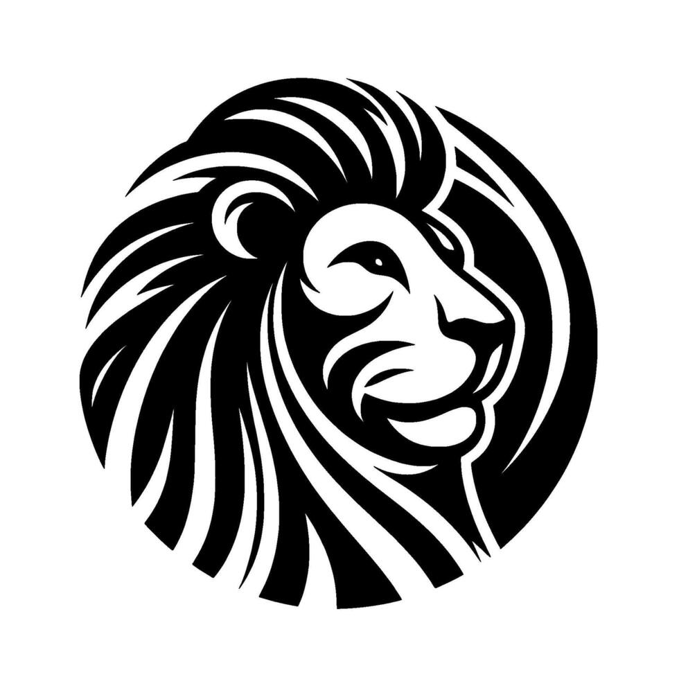 A bold black and white lion head profile with a flowing mane, enclosed in a circular composition on a clean white background. vector