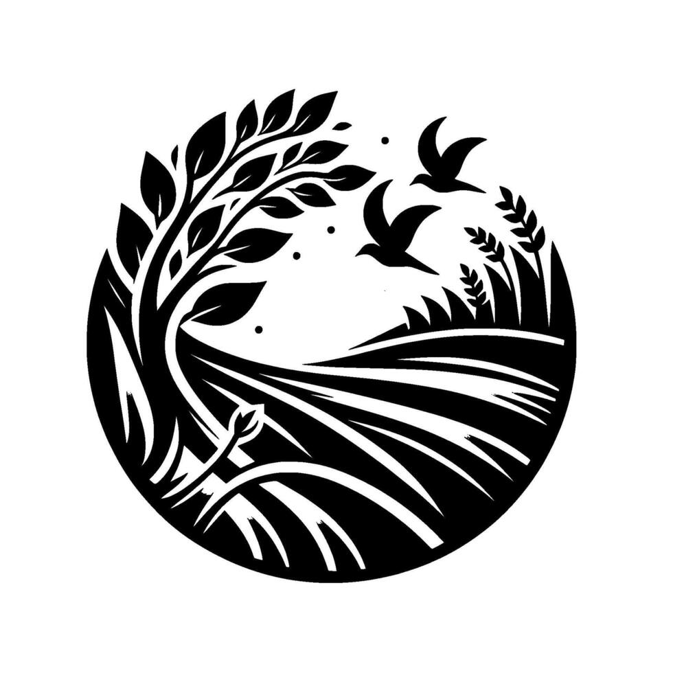 Serene black and white circle composition tree, birds, field, and sun, a depiction of natures harmonious elements, inviting peace. vector