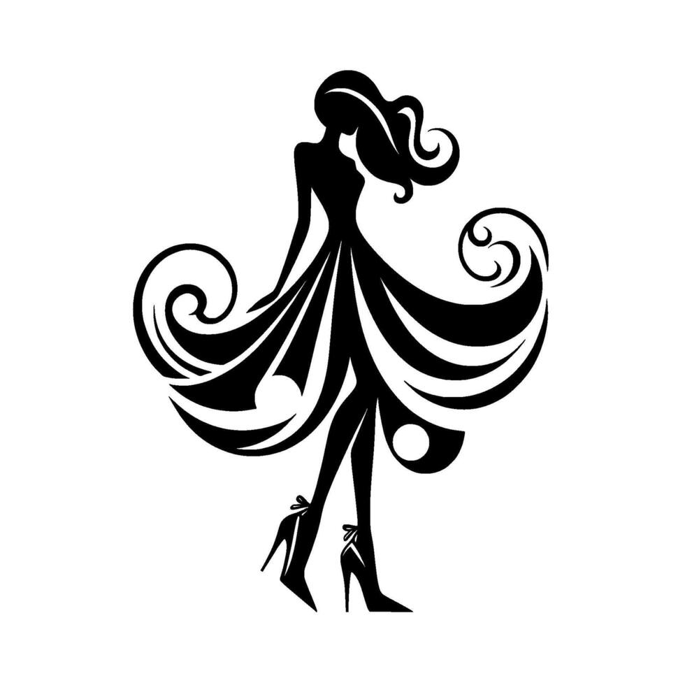 Elegant silhouette a flowing black dress and swirling details, showcasing a graceful womans figure against a white canvas. vector