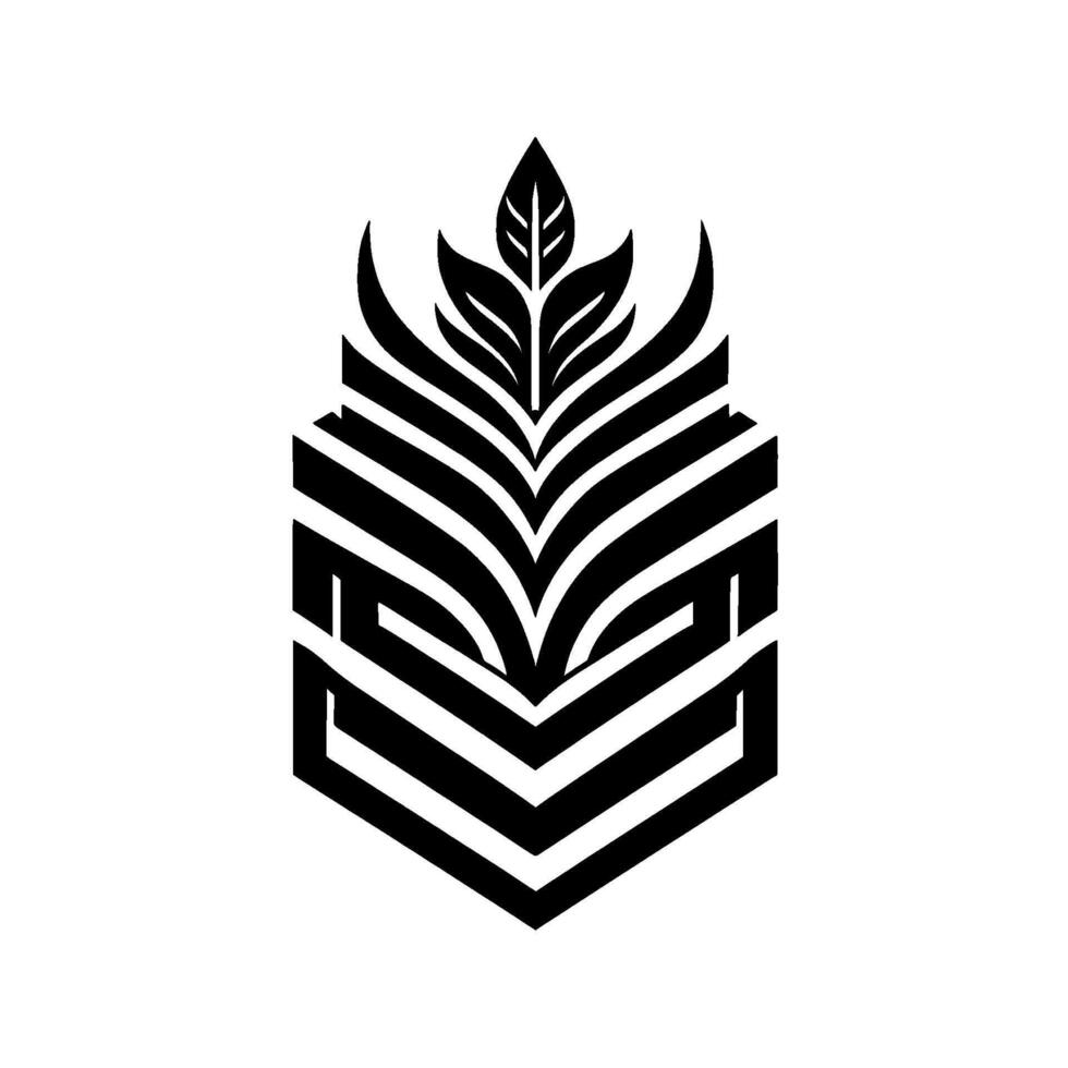 Abstract geometric with leaves a stylized, monochrome featuring a central leaf motif rising from a structure of layered black lines, set against a white background. vector