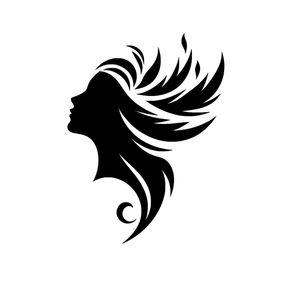 Silhouette of a woman with flowing hair, a representation in black on white, suggesting grace, and elegance. vector