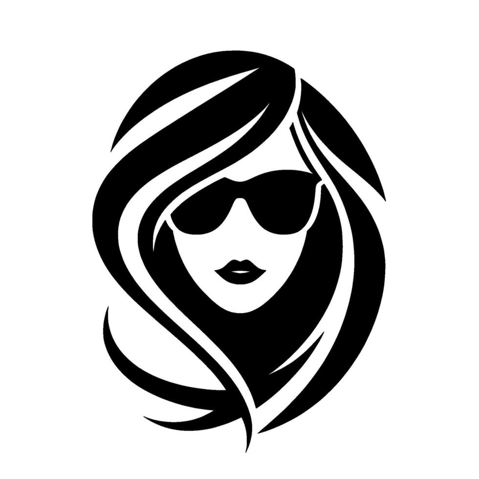 Sleek black and white silhouette of a woman wearing sunglasses and long flowing hair, exuding cool confidence. vector
