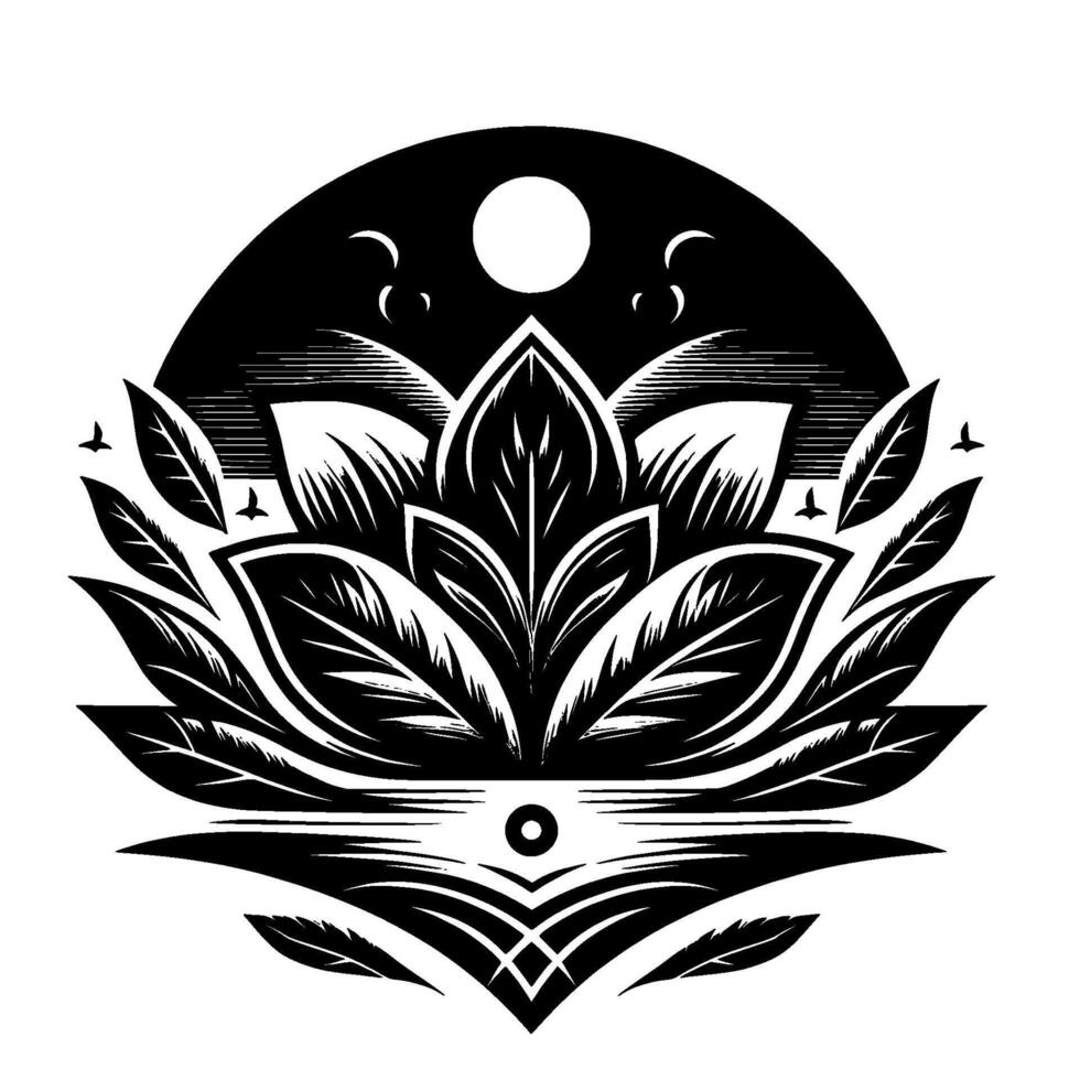 Intricate black and white illustration of a lotus flower with geometric elements, moon, and birds, evoking peace serenity. vector
