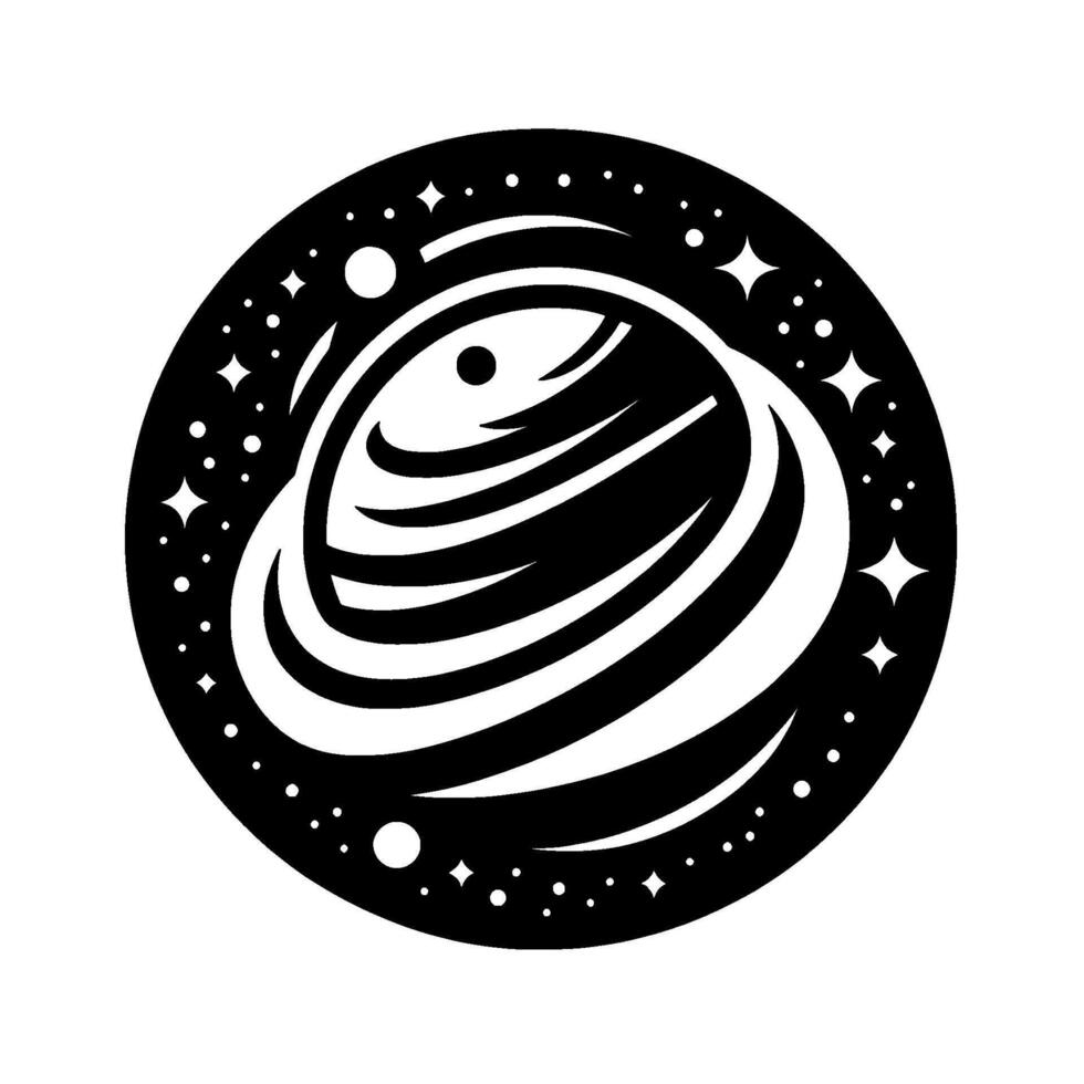 Stylized monochrome planet with layered rings encircled by a starry sky, presented in a circular, minimalist emblem. vector