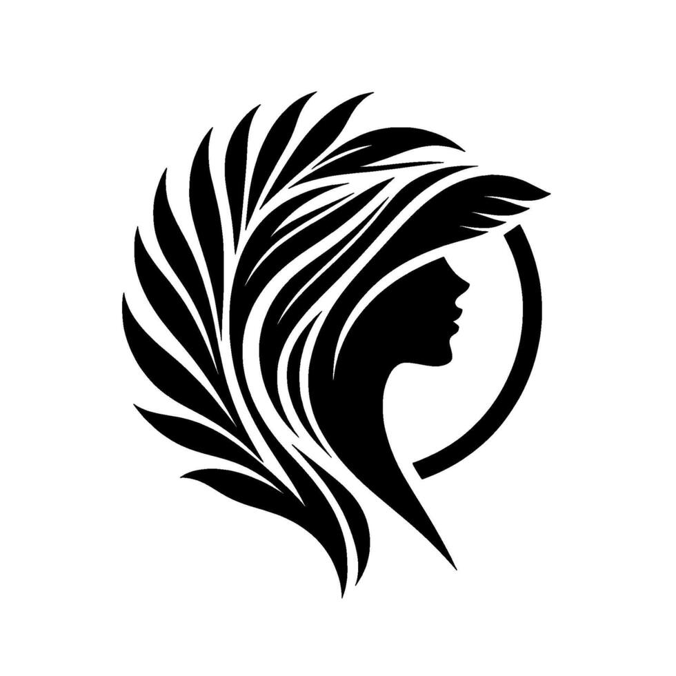 Elegant silhouette of a womans profile adorned with flowing hair and a circular frame in monochromatic style vector