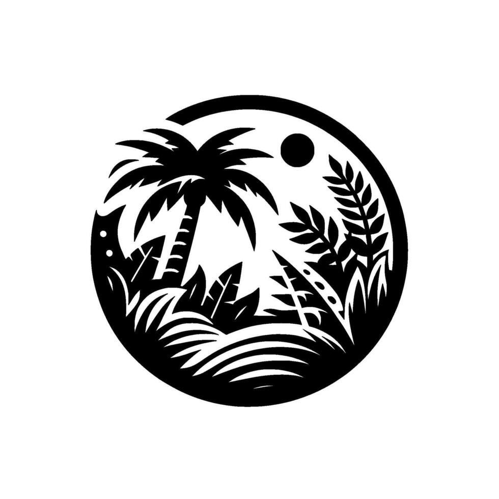 Minimalist tropical island scene a circular black silhouette featuring palm tree, lush foliage, and sun, evoking a calm vacation. vector