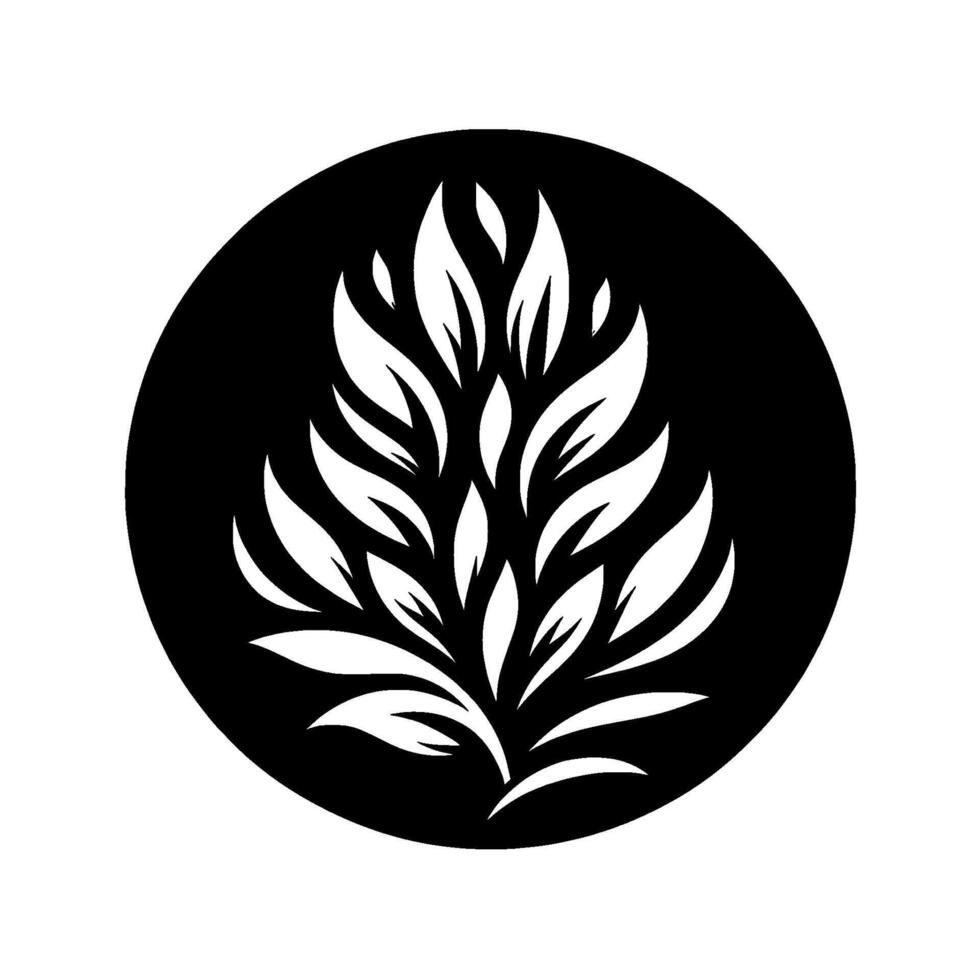 Monochromatic foliage silhouette elegant white leaves and botanical forms contained within a black circular frame, suggesting nature and organic shapes. vector