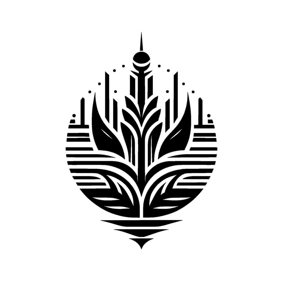 Abstract black and white botanical illustration a stylized, symmetrical of a plant within a segmented circle, evoking art deco elegance. vector