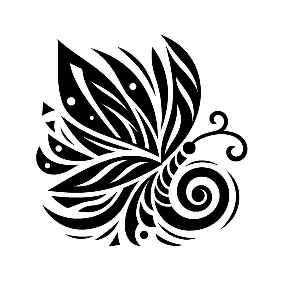 Intricate black and white butterfly featuring geometric shapes, spirals, and stylized wings against a clean white background. vector