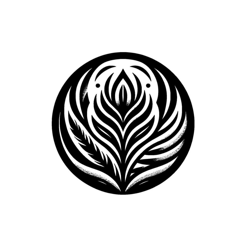 A symmetrical black and white floral enclosed within a circular frame, showcasing a central stylized bloom and intricate leaf patterns, evoking a sense of nature and elegance. vector