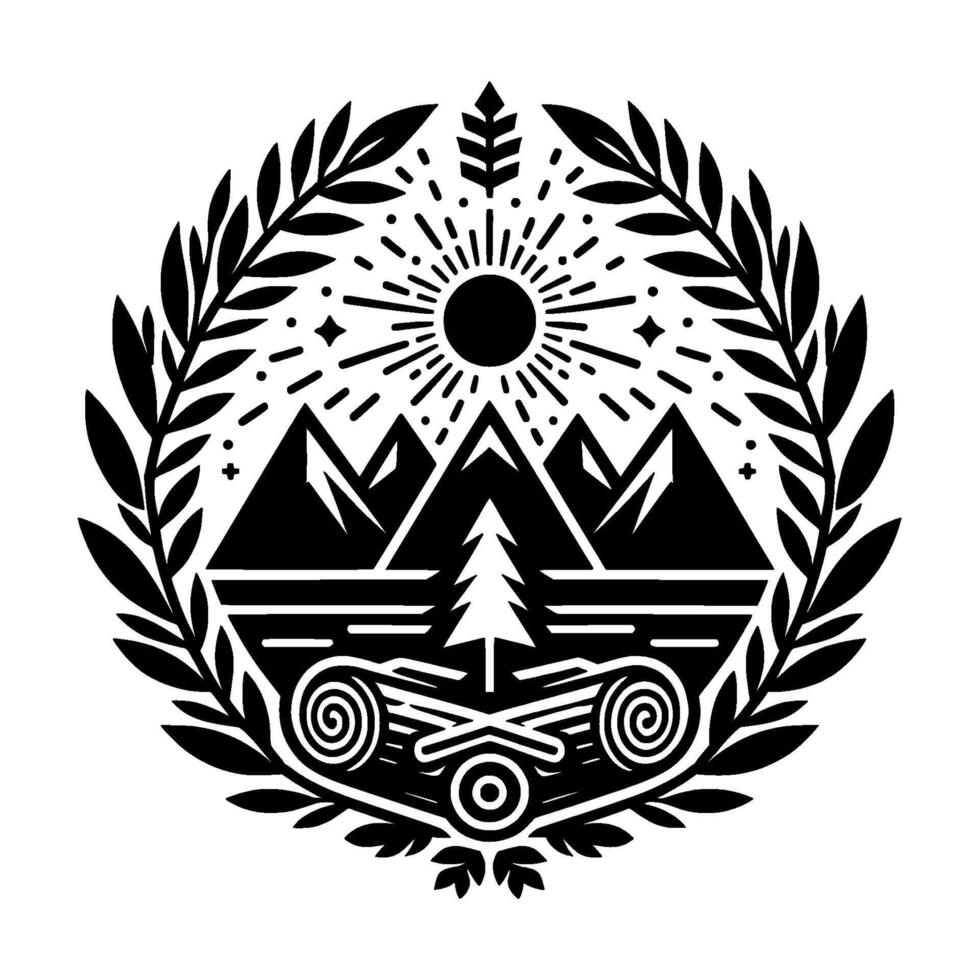 Intricate circular emblem mountains, sunburst, foliage, and geometric accents in a monochromatic illustration. vector