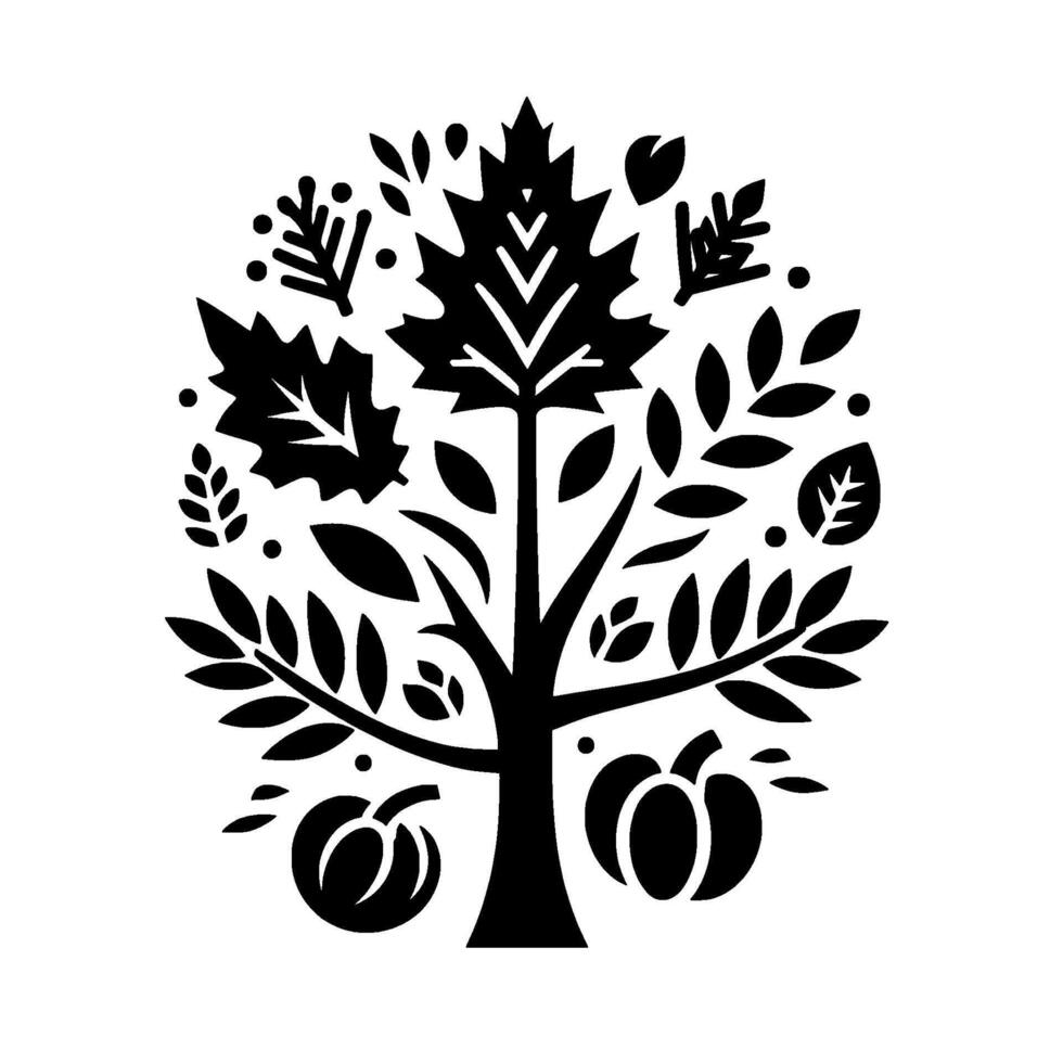 Stylized black and white fall illustration featuring a tree adorned with leaves, berries, and pumpkins, evoking autumnal charm and thanksgiving. vector