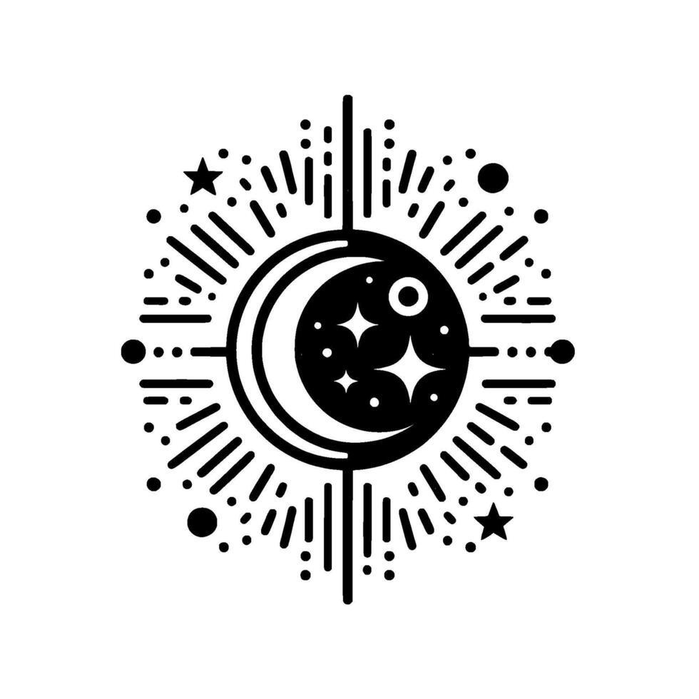 Stylized black and white celestial featuring crescent moon, stars, and burst elements on a white background. vector