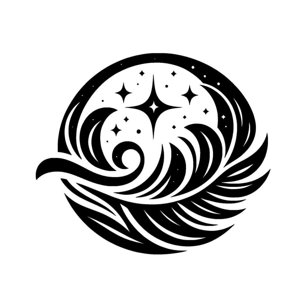 Circular black and white illustration starry sky within a featherlike design. vector