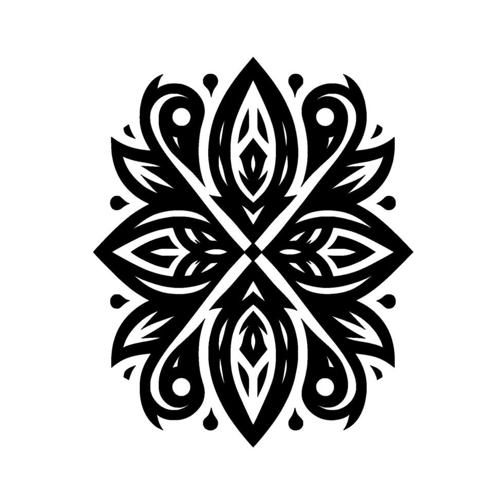 A symmetrical, black and white geometric floral featuring stylized leaflike forms, teardrop accents, and circular elements, presented on a white background, evoking balance and pattern. vector