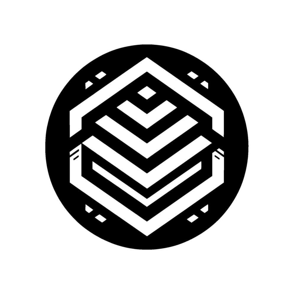 Geometric black and white abstract featuring layered chevron contained within a circle. minimalist, modern art style. vector