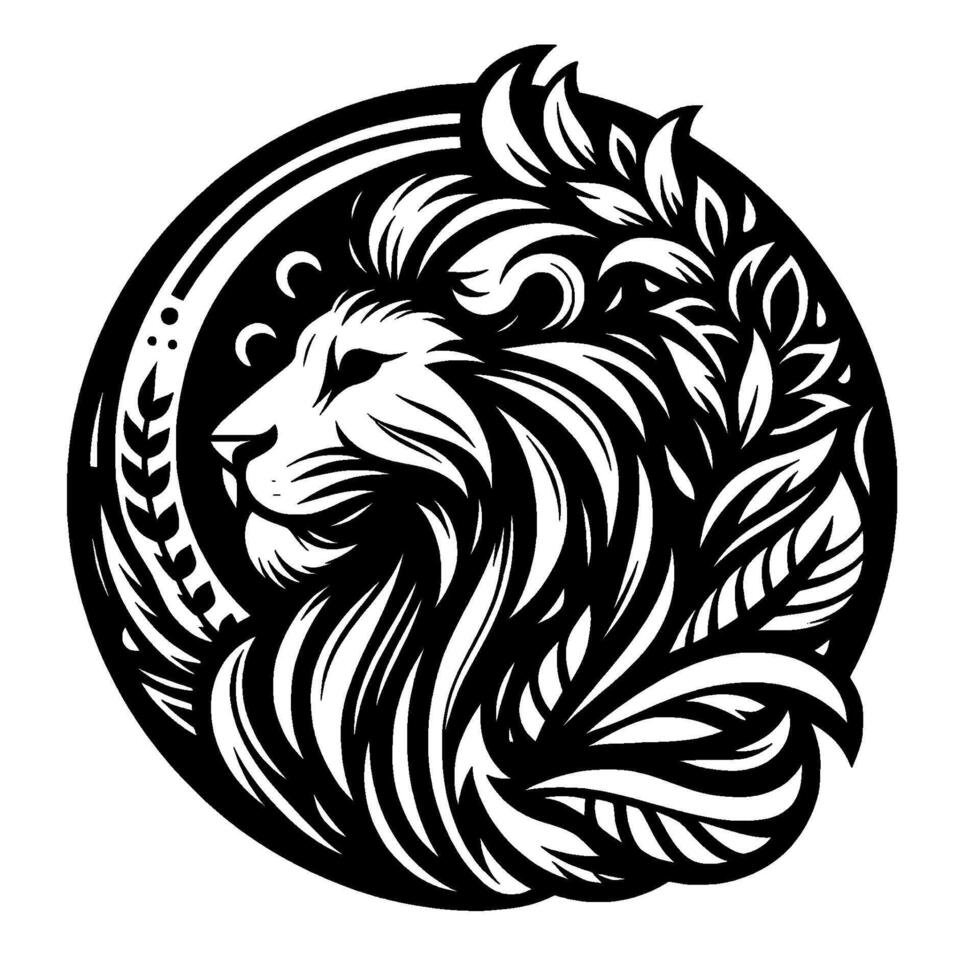 A regal lions profile within a circular frame, intricately designed with flowing manes and leaf patterns in a bold black and white style. vector