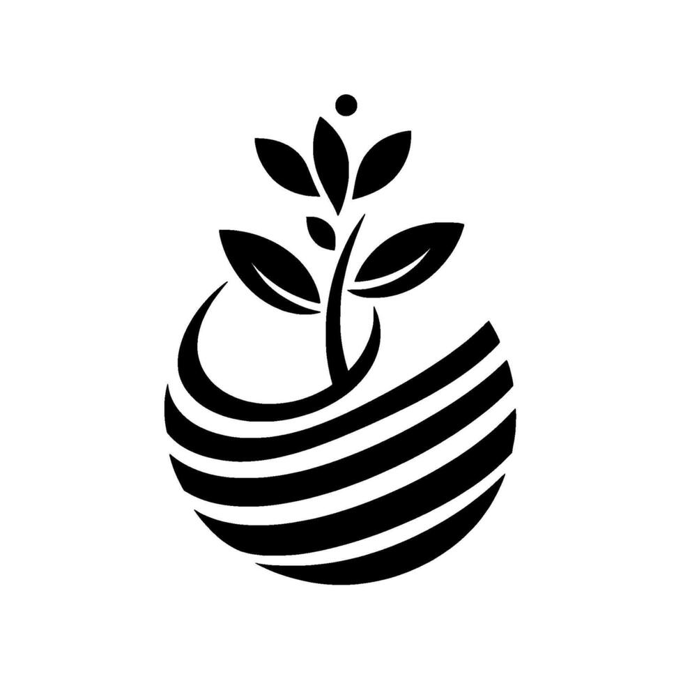 A stylized black and white featuring a plant sprouting from a sphere composed of curved stripes, conveying growth and sustainability. vector