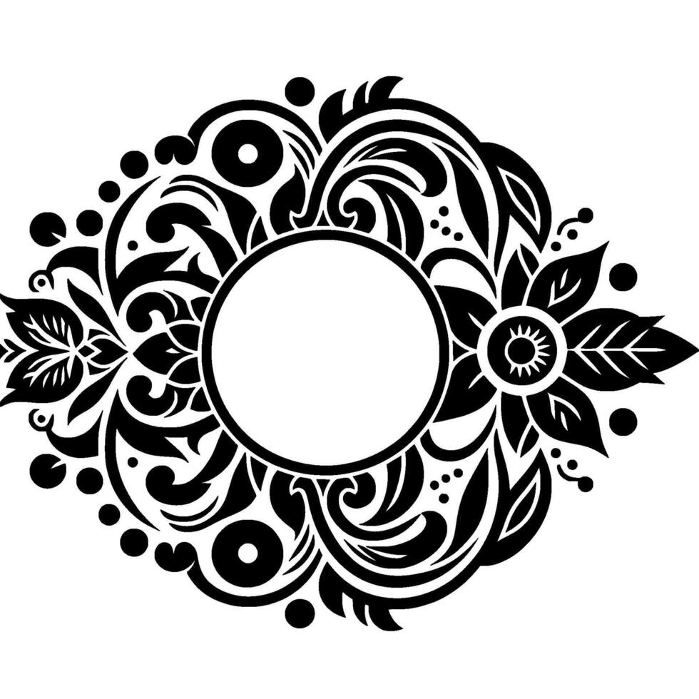 Ornate black floral symmetrical composition featuring flowers, leaves, swirls, and a central blank circle, on a white background. vector
