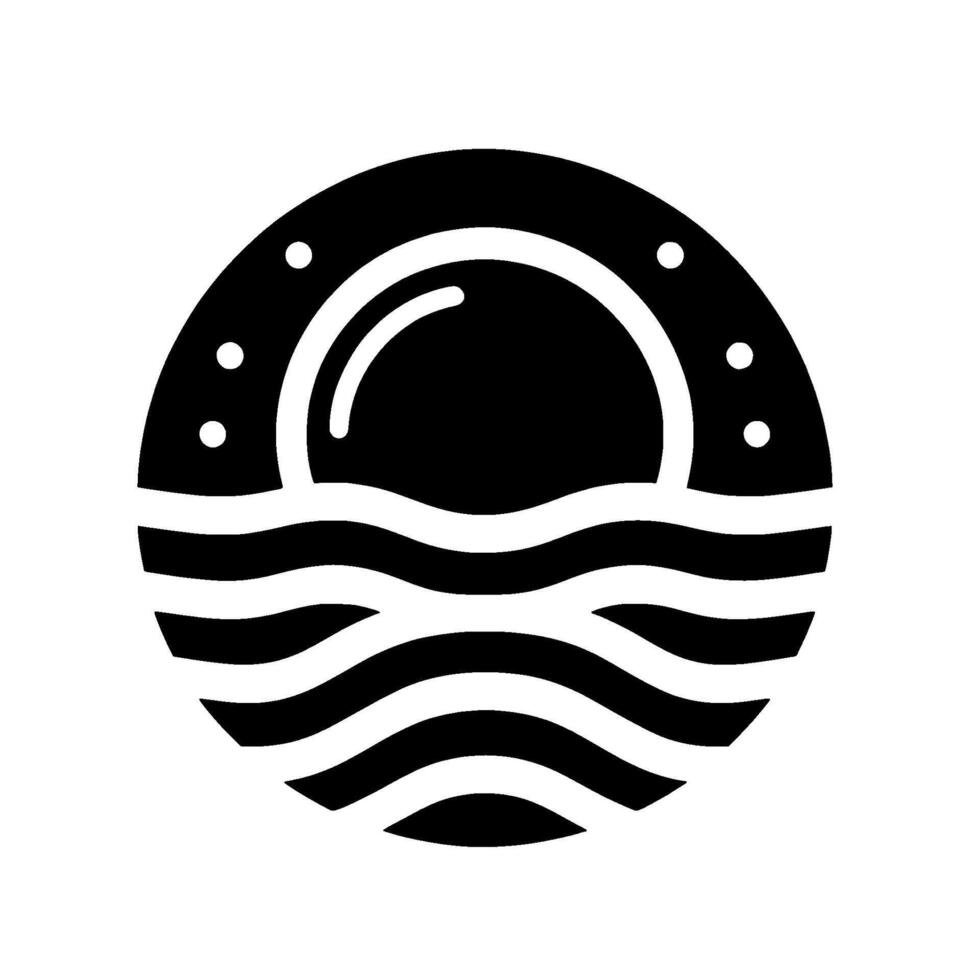 Black and white minimalist a stylized sunrise or sunset above wavy ocean lines, encircled by a dark border with stars. vector