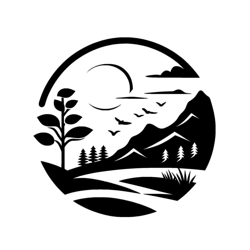 A stylized, circular monochrome landscape silhouette depicts a sun, mountains, birds, trees, and foliage. vector