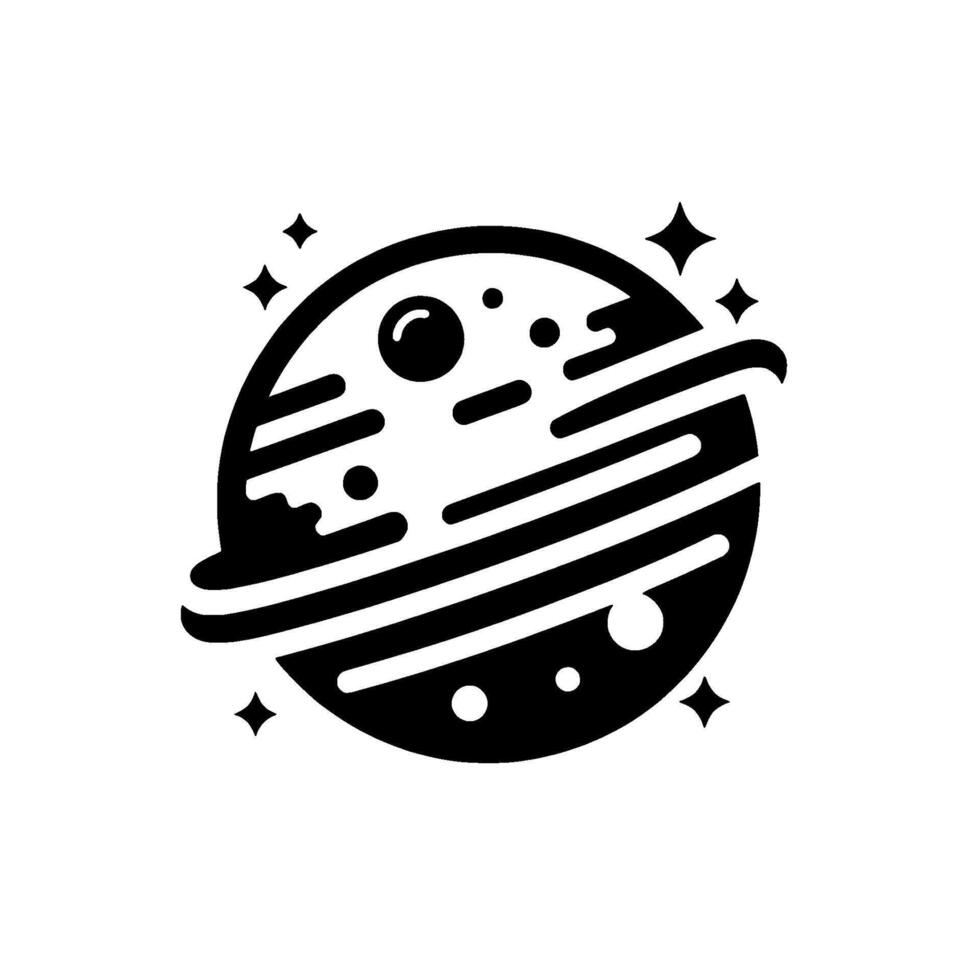 Stylized black and white planetary illustration with striped bands, cratered surface, and starburst accents on a clean white background. vector