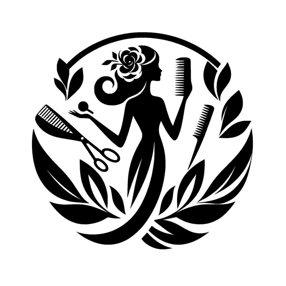 A silhouetted female stylist holding a comb, scissors and a beauty tool, adorned with a floral hairpiece, surrounded by leaves. vector