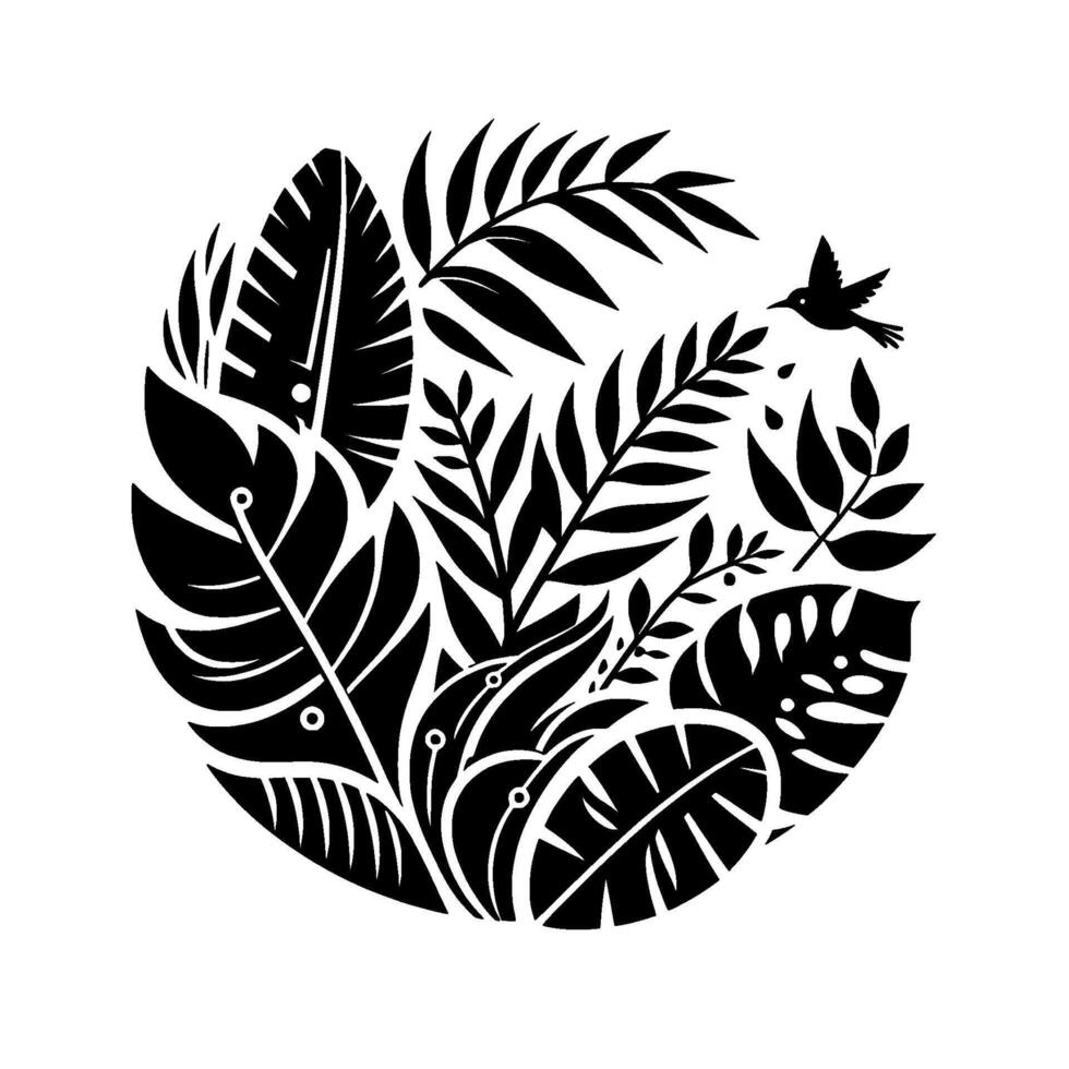 Stylized black and white tropical composition a hummingbird in flight amidst dense silhouetted foliage, forming a circular arrangement. vector