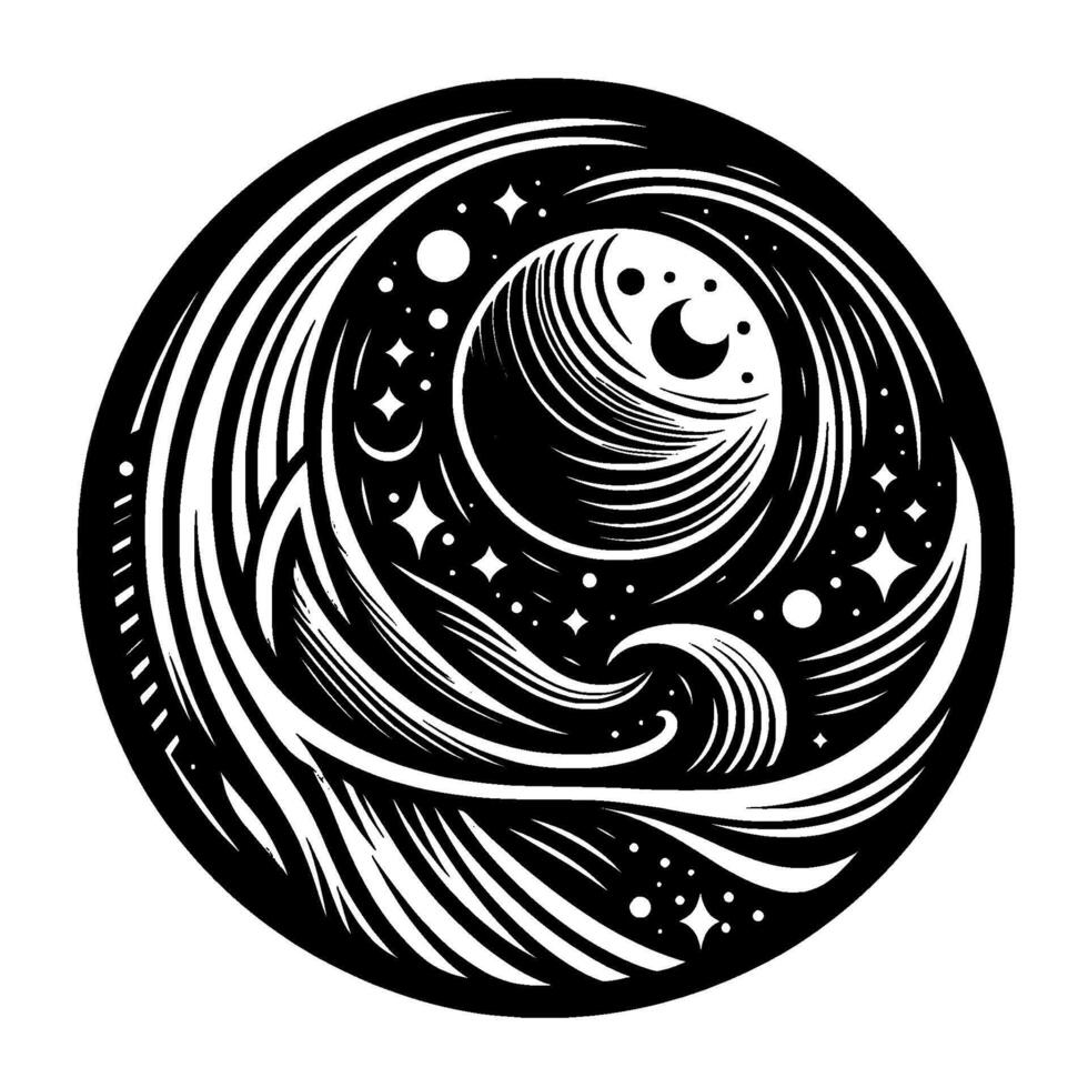 A swirling black and white circular illustration, depicting a cosmic scene with crescent moons, stars, and flowing, wavelike lines, evoking a sense of celestial motion. vector