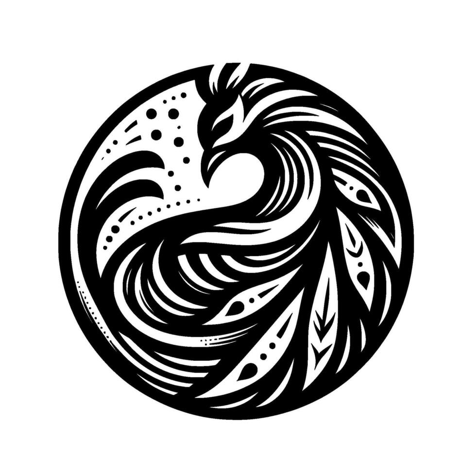 A stylized, black and white phoenix contained within a circular frame, featuring intricate feather details and a smooth, flowing form. vector