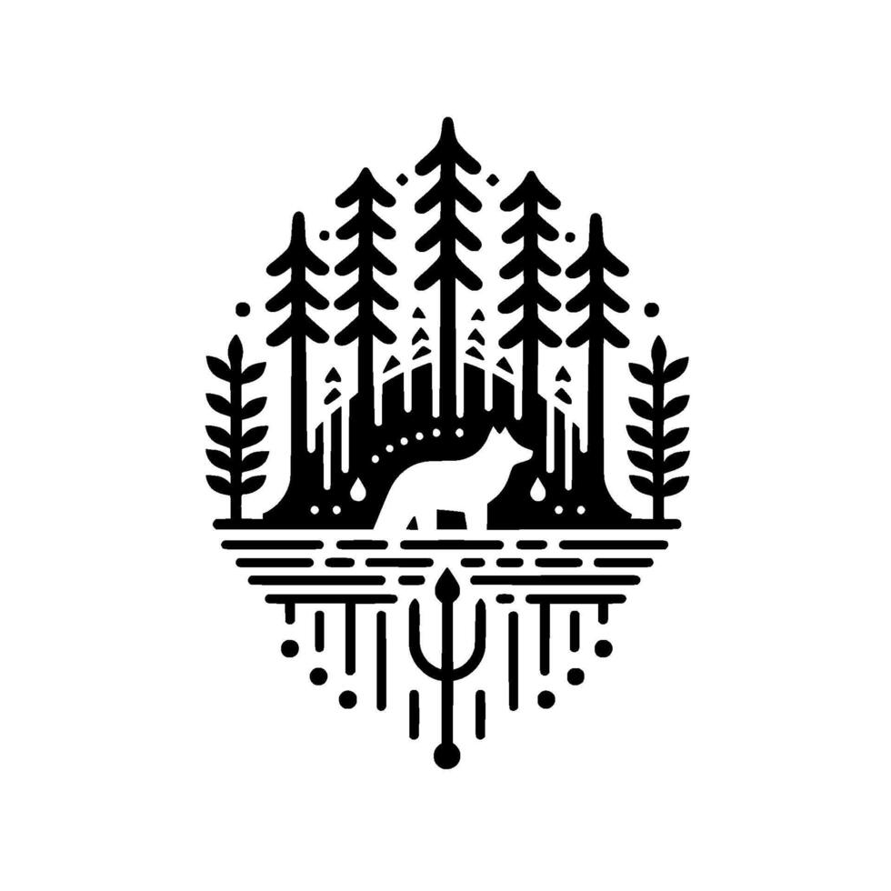A stylized black and white illustration depicting a wolf in a forest setting, surrounded by trees, lines, and decorative elements, enclosed in an oval shape. vector