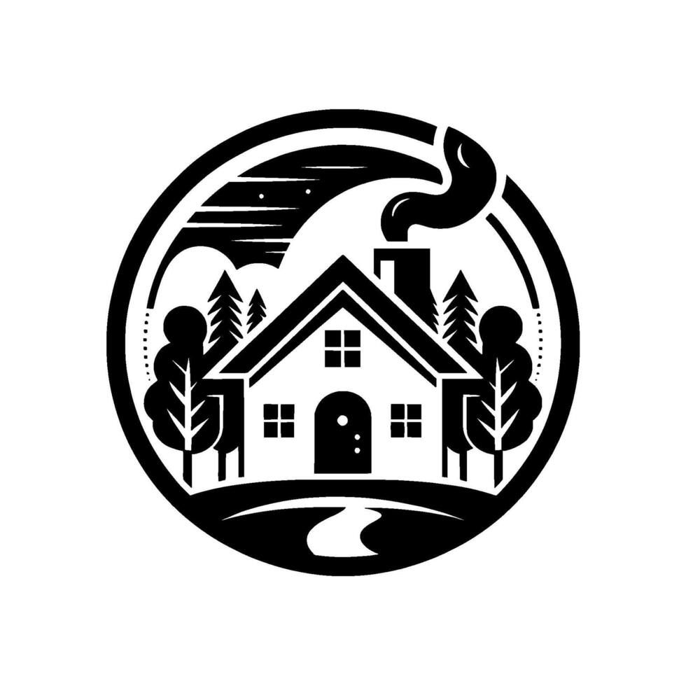 Cozy monochrome illustration of a house surrounded by nature within a circular frame, depicting a serene evening scene with moon and stars. vector