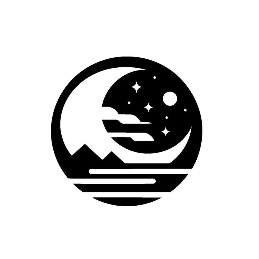 Celestial roundel a minimalist black and white emblem of a crescent moon, stars, mountain silhouette, clouds and sea. vector