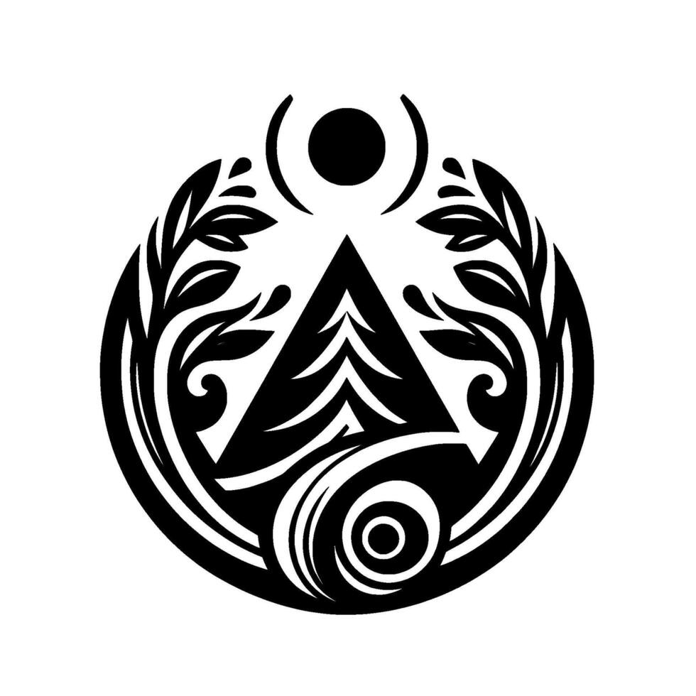 Intricate black and white circular emblem geometric forest, leafy branches, and celestial elements in a symmetrical design. vector