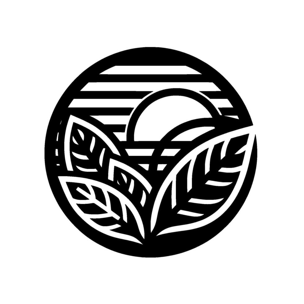 A circular black and white linework illustration of leaves and a stylized sunset, evoking a sense of peace and natural beauty. vector