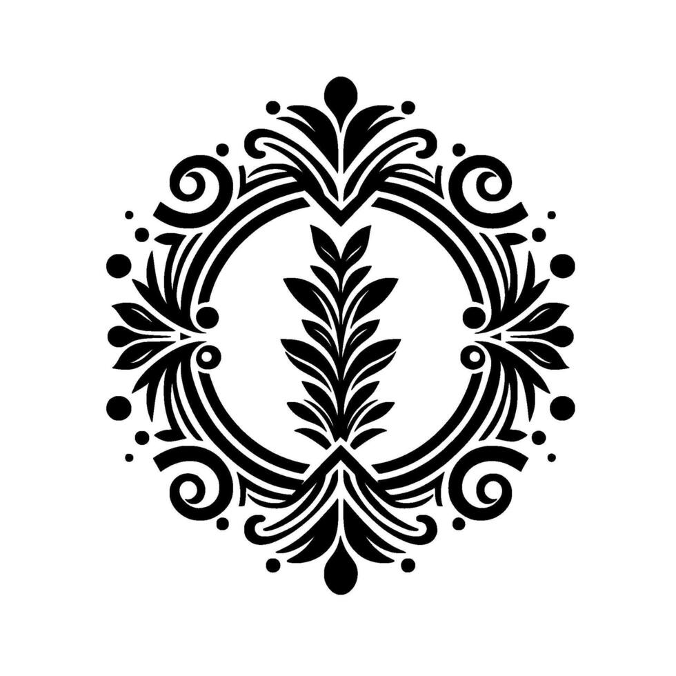 Ornate black floral crest a symmetrical, detailed emblem featuring a central leafy motif surrounded by a circular frame and swirling embellishments, rendered against a clean white background. vector