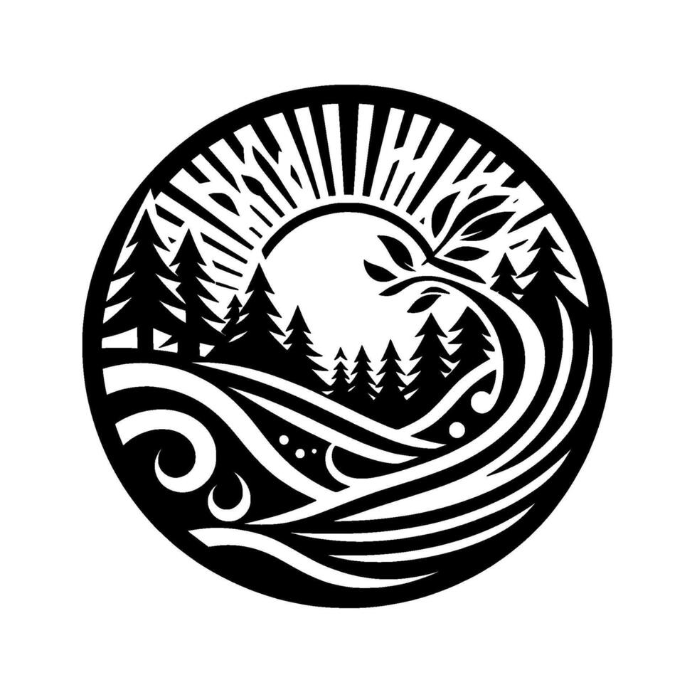 A circular black and white naturethemed featuring stylized trees, flowing water, and sunburst rays, illustrating a tranquil landscape. vector
