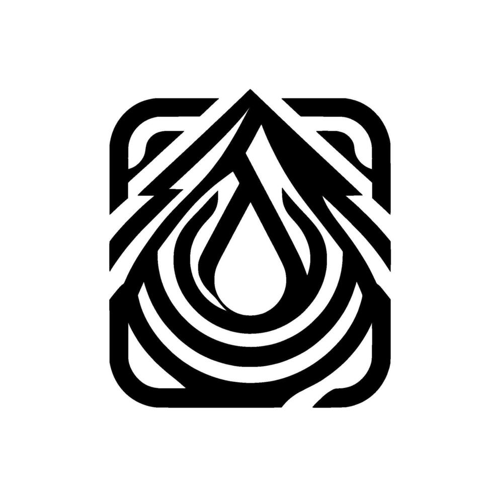 Abstract black and white geometric featuring a droplet and stylized mountain, framed within a rounded square, conveying a sense of nature and purity. vector