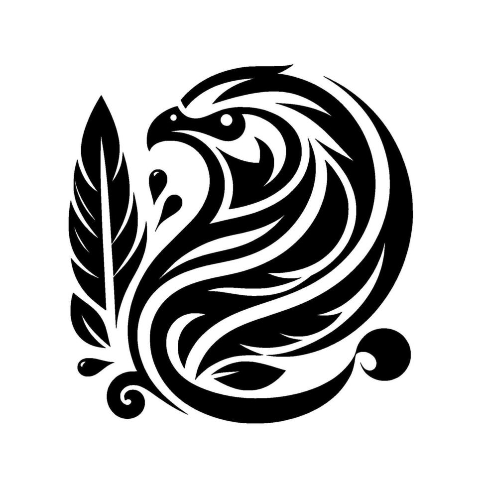 Intricate black white tattoostyle a stylized eagle head and feather, symbolizing freedom and strength against a bright white backdrop. vector