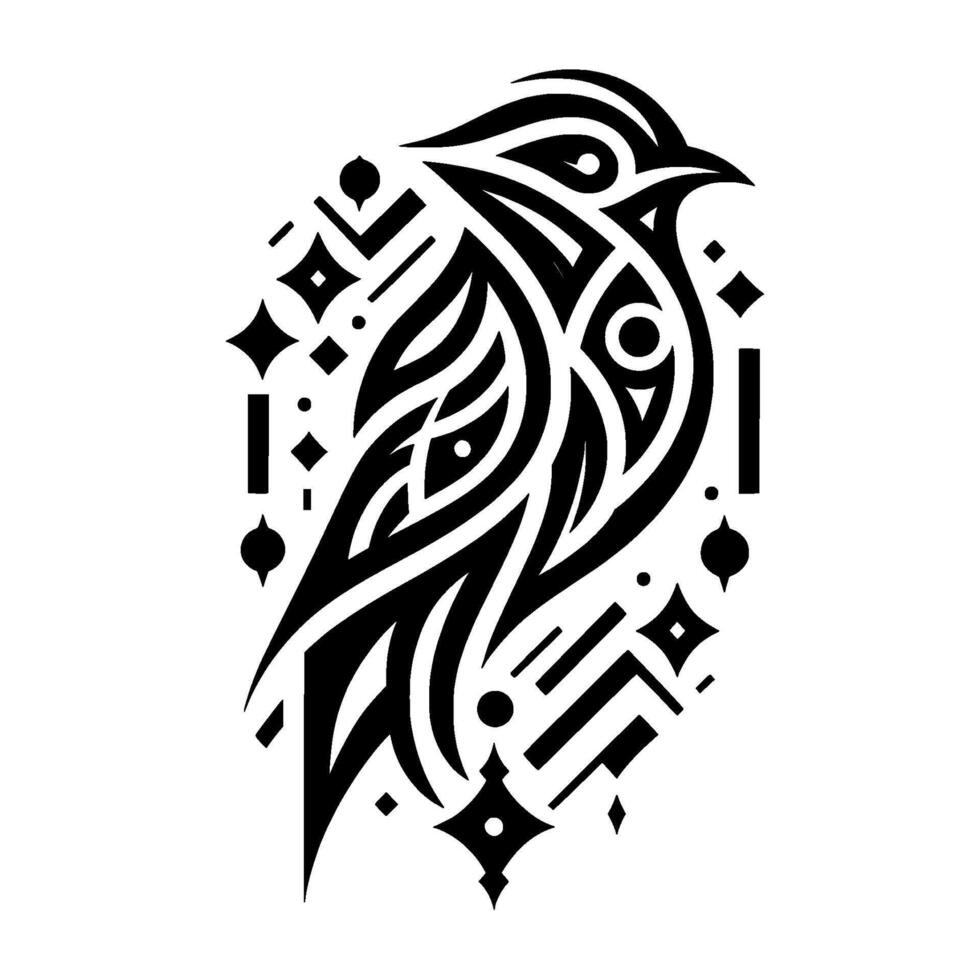 Abstract black and white bird geometric tattoo with ornamental elements decorative style on white canvas. vector