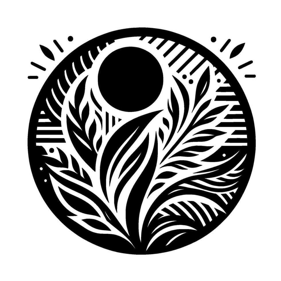 Intricate black and white circular illustration depicting floral elements, a central sun, and geometric patterns, embodying natures artistry. vector