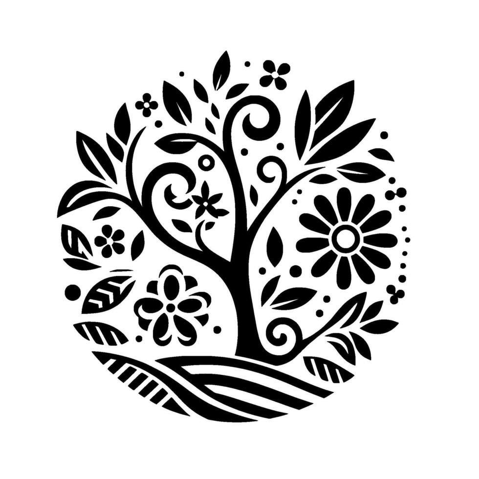 A stylized, black and white illustration of a tree of life enclosed in a circle, adorned with floral elements and decorative swirls, representing nature and growth. vector