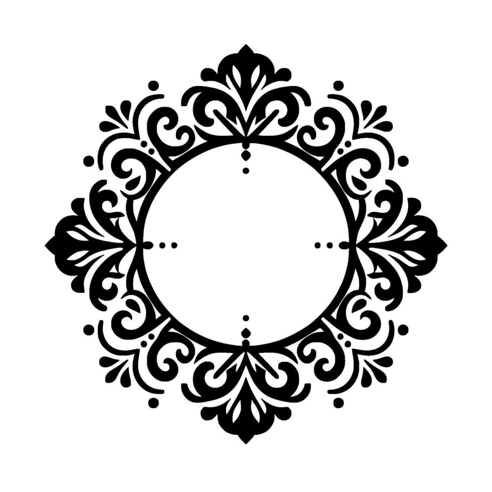 Elegant black and white ornamental circular frame with floral and swirl motifs, suitable for invitations or embellishments. vector