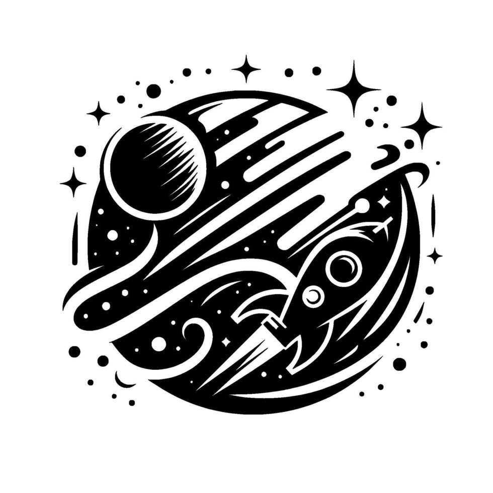 Black and white illustration depicting a rocket ship blasting off within a stylized cosmic scene featuring planets, stars, and swirling nebulas. vector