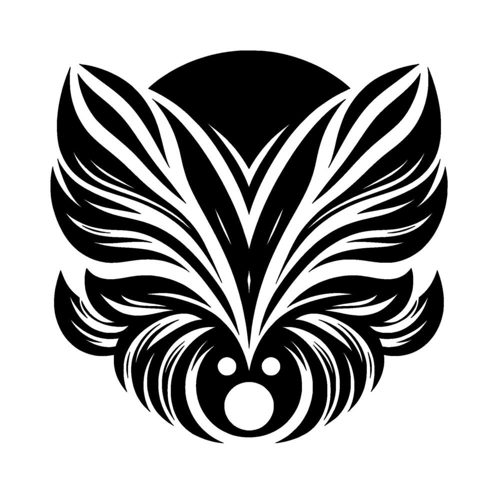 Abstract black and white foliage face, featuring a circular head and leaflike structures. vector