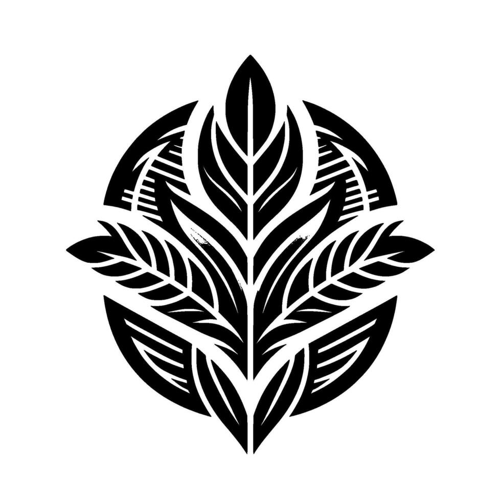 Bold black and white symmetrical illustration of stylized leaves and floral motifs arranged in a circular pattern, suggesting natures grace. vector