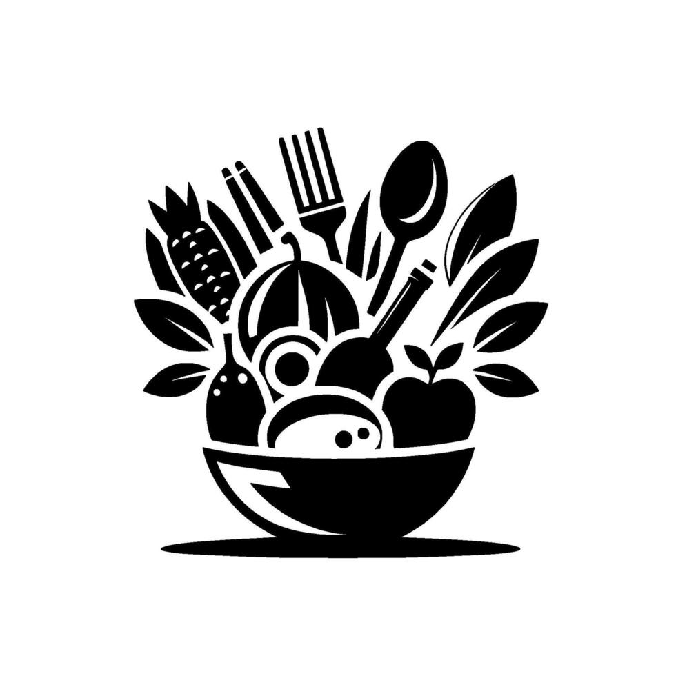 A stylized black and white illustration depicting a bountiful bowl overflowing with an assortment of fresh fruits, vegetables, cutlery, and leaves, symbolizing healthy eating and culinary abundance. vector